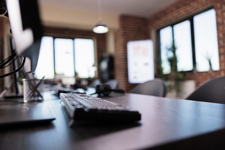 Empty call center reception office with telemarketing equipment